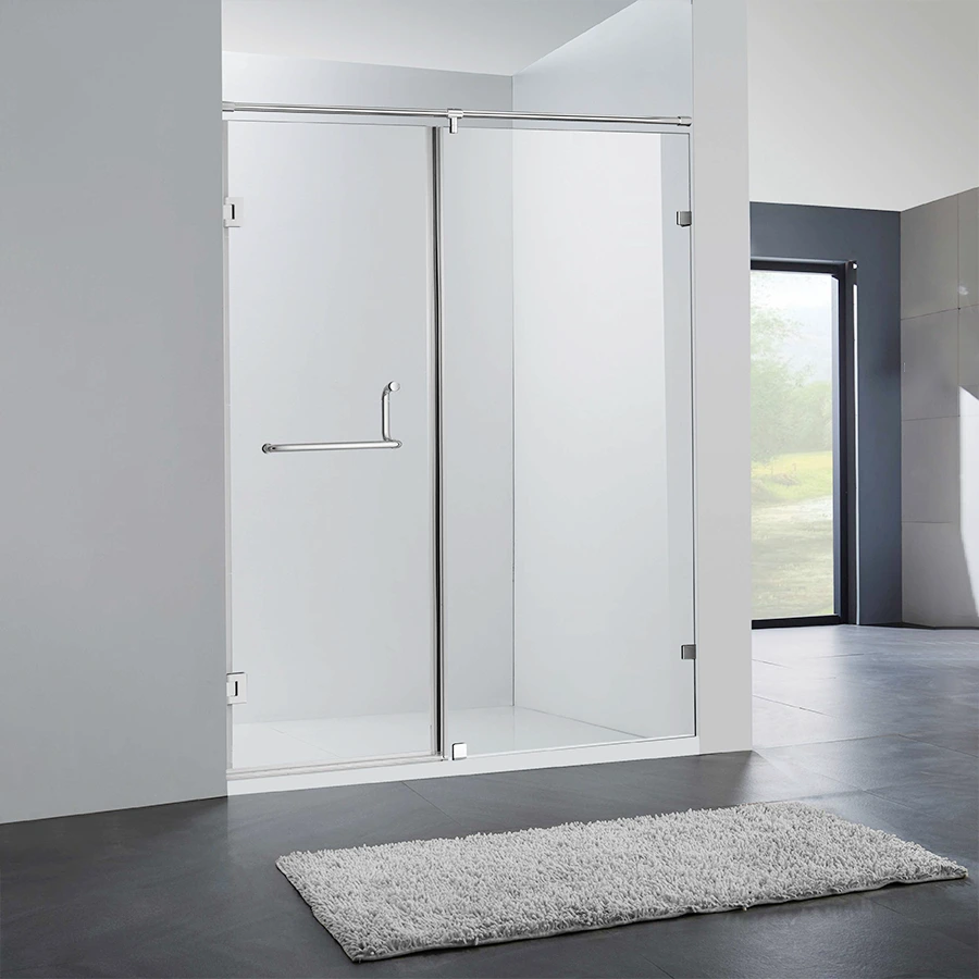 a hinged shower door in grey bathroom
