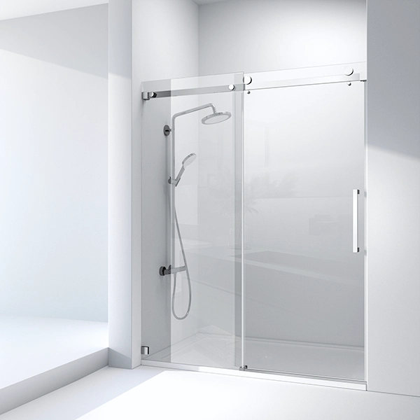 Sliding glass shower door system for commercial and hospitality bathrooms