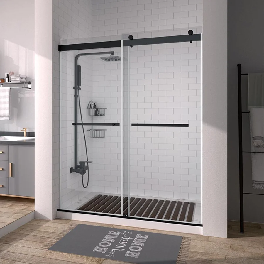 a sliding framed shower door