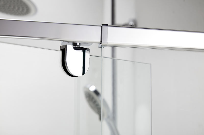 Polished chrome top rail with U-shaped bracket and rubber gasket suspending a glass shower panel