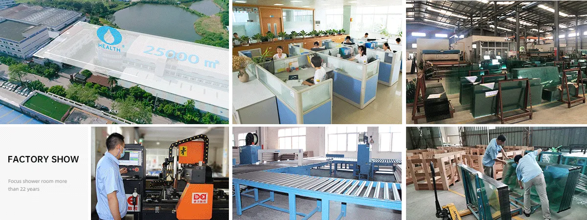 Six-panel factory collage: aerial view of the plant, office, glass sheets, CNC machine, conveyor and workers