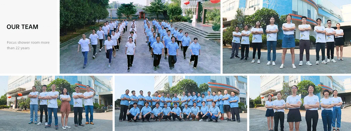 Our Team collage of group photos with factory staff in matching shirts posing outside the shower enclosure plant