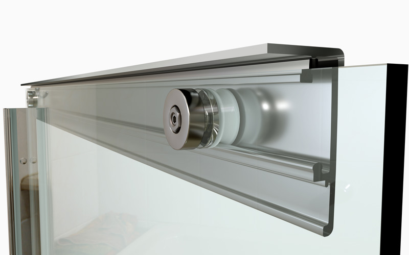 Technical render of a sliding shower door roller assembly with chrome brackets