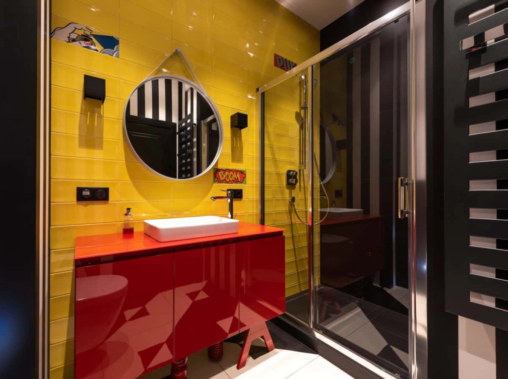 a framed shower door in a special design bathroom