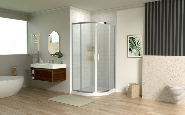 Curved corner glass shower enclosure with chrome frame and gold shelves in a modern bathroom with freestanding tub