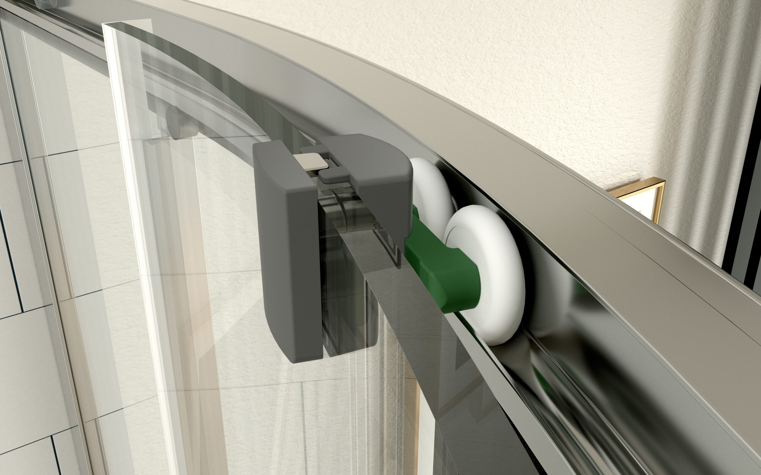 Technical render of a curved sliding shower door top roller assembly with white rollers