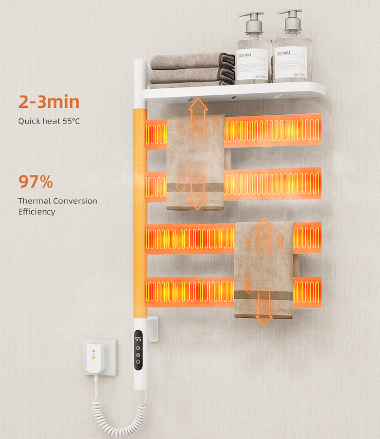 White electric heated towel rack with 4 heating bars, digital 55°C display, 2-3 min quick heat and 97% thermal efficiency