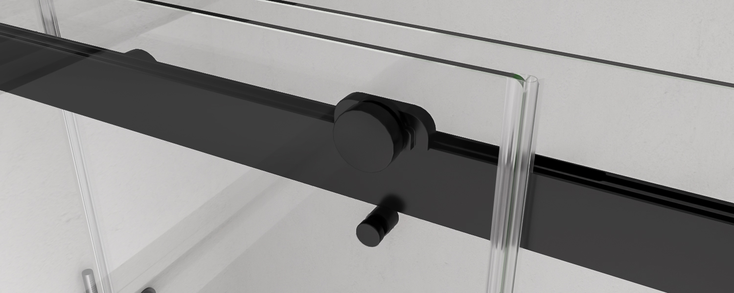 Close-up of a matte black top track with roller and bracket on a sliding shower door