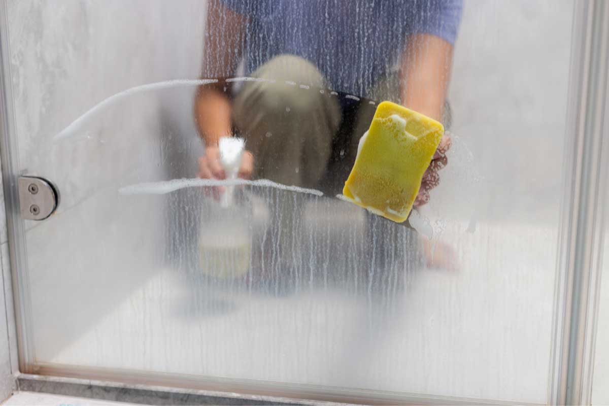 Person cleaning a hinged glass shower door with a sponge in a bright bathroom