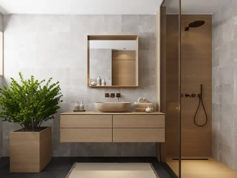 Light wood floating vanity with stone vessel sink beside a frameless glass shower with wood-paneled walls and black fixtures