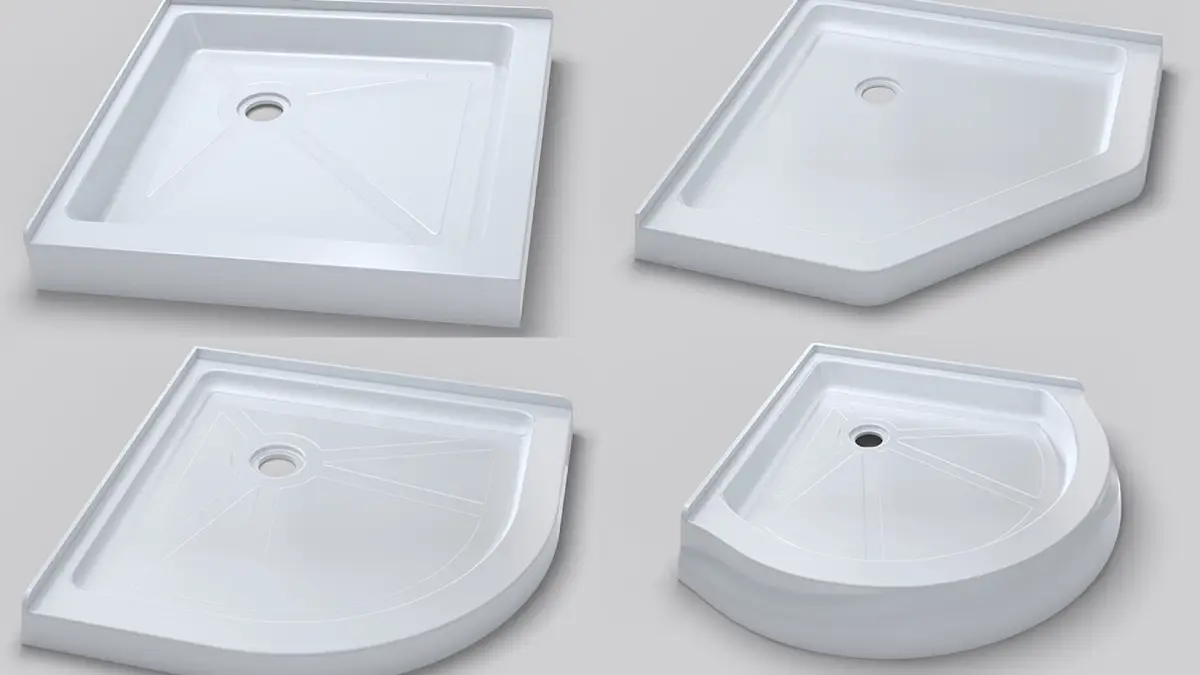 Four white acrylic shower trays in square, corner and quarter-circle shapes with center drains
