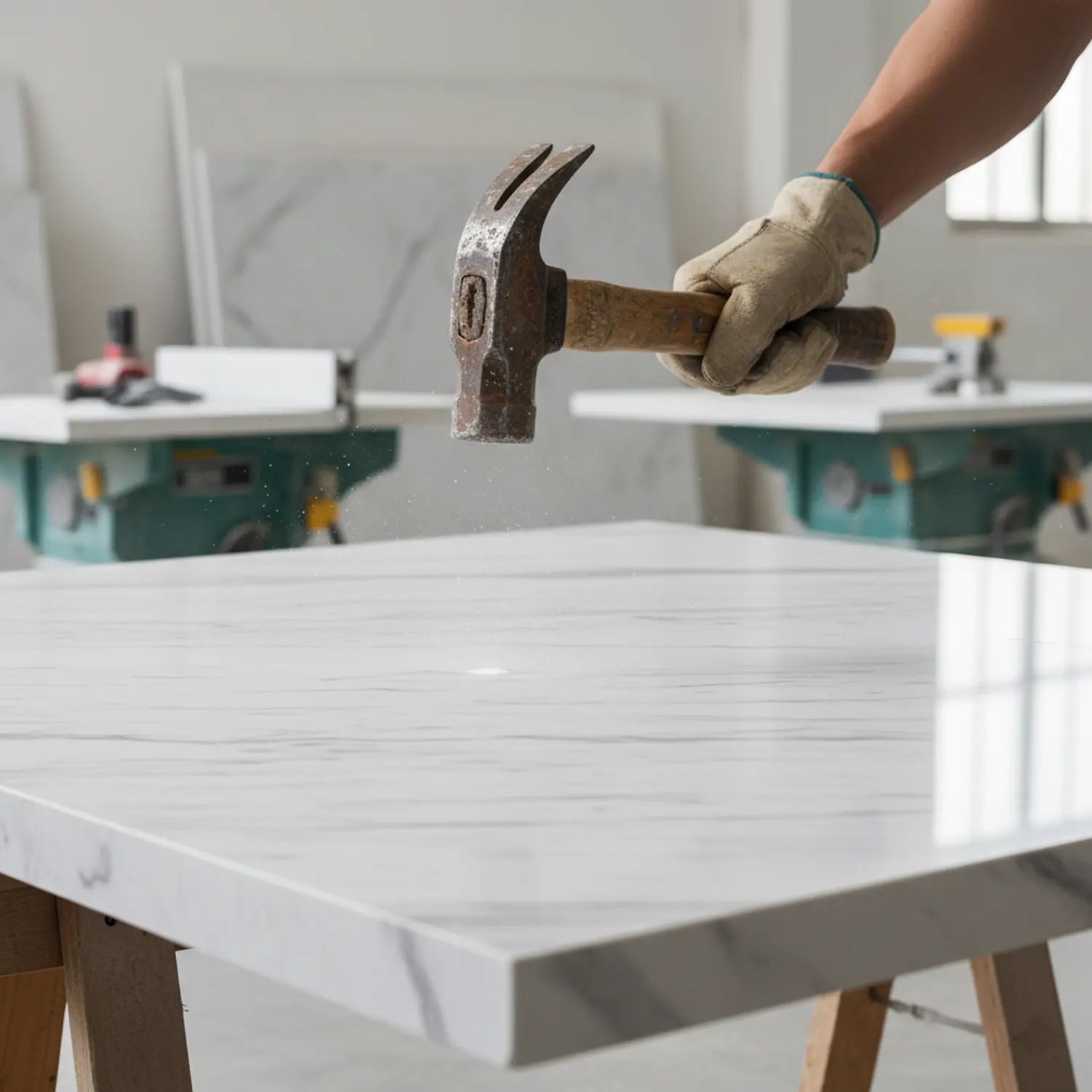 Gloved worker swinging a hammer at a white marble-look panel on sawhorses to demonstrate impact resistance