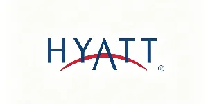 Hyatt corporate logo with bold dark blue HYATT lettering and red curved arc underneath on white background