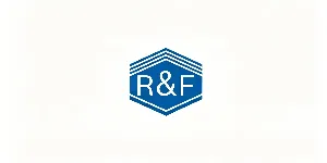 р&F corporate logo with white letters inside a blue hexagon with horizontal line details on white background