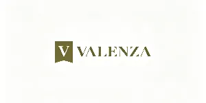 Valenza brand logo with olive green ribbon banner V icon and serif lettering on white background