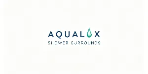 Aqualox brand logo with teal water droplet replacing the letter O and Slower Surrounds tagline on white background