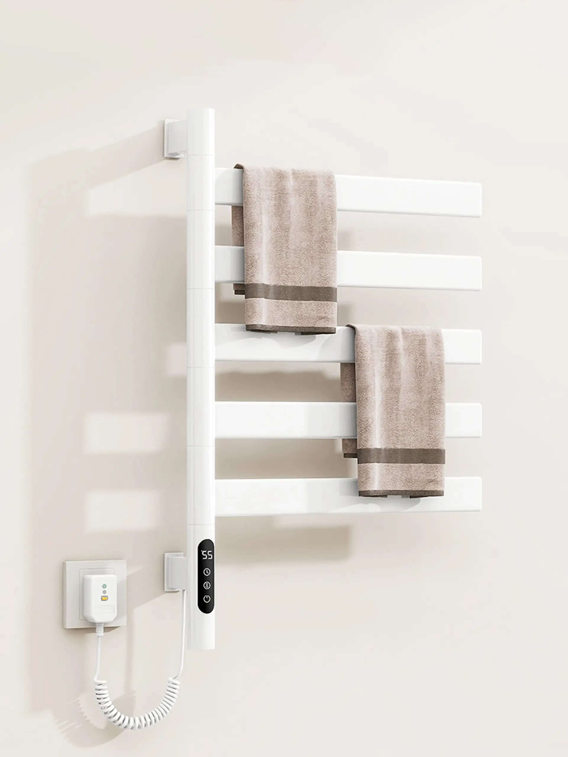 Dark grey electric towel warmer with towels on shelf, voice control via Google Assistant, Alexa, Tuya and mobile APP