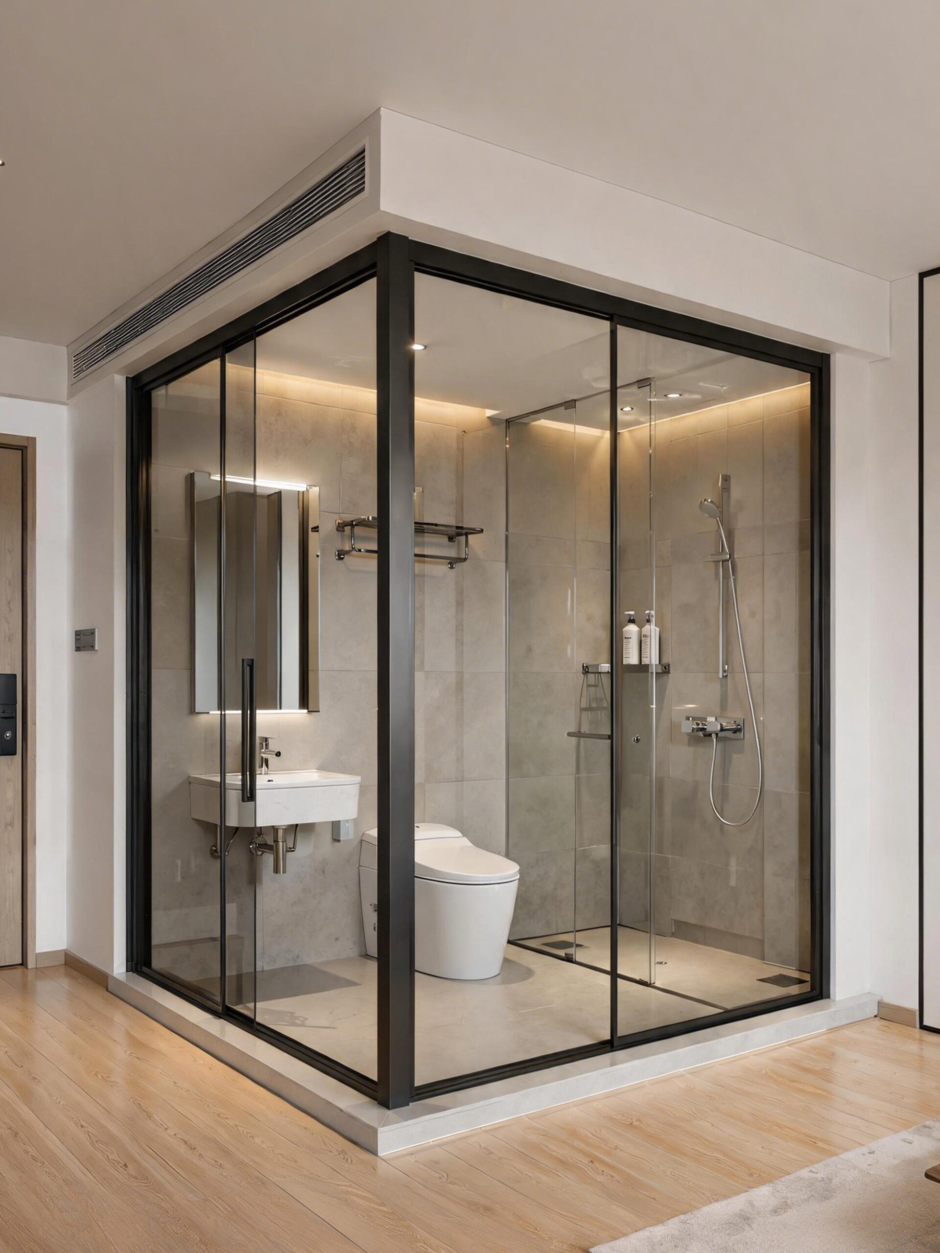 Three-panel curved glass shower enclosure with chrome top bar and rain showerhead against marble walls, banner image