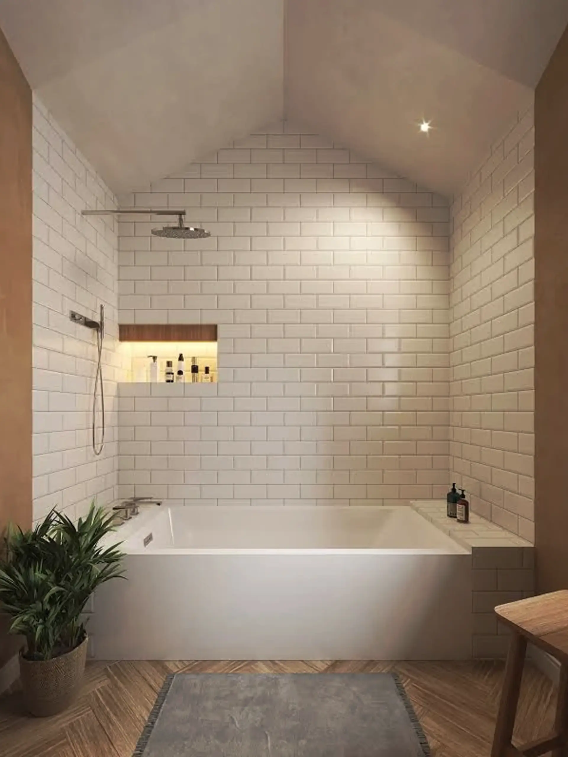 White oval freestanding bathtub on a raised platform with LED lighting beside a frameless glass shower and wood slat wall