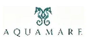 Aquamare brand logo with teal seahorse wave emblem above uppercase serif lettering on white background