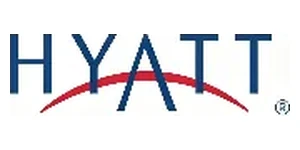 Hyatt corporate logo with bold dark blue HYATT lettering and red curved arc underneath on white background