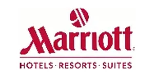 Marriott hotels logo with red circular emblem, serif Marriott wordmark and Hotels Resorts Suites tagline
