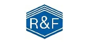 р&F corporate logo with white letters inside a blue hexagon with horizontal line details on white background