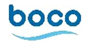 Blue lowercase boco brand logo with light blue wave underline on plain white background