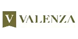 Valenza brand logo with olive green ribbon banner V icon and serif lettering on white background