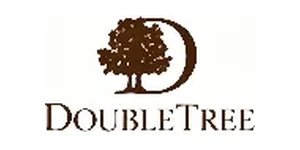 DoubleTree brand logo with brown tree inside the letter D above DOUBLETREE serif lettering on white background
