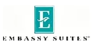 Embassy Suites hotel logo with teal square white E emblem and black uppercase brand name below