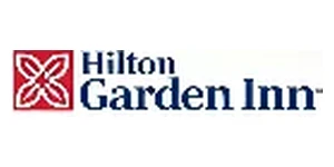 Hilton Garden Inn hotel logo with red square floral emblem and dark blue Hilton Garden Inn lettering