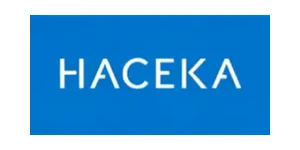 Haceka brand logo with white uppercase sans-serif lettering on a solid blue background