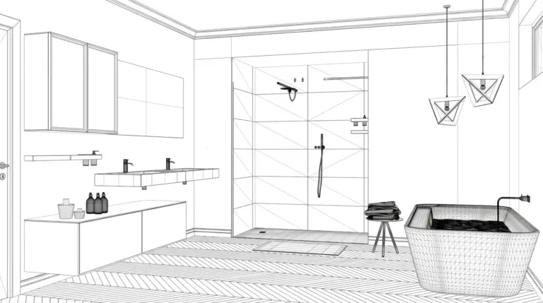 Minimalist architectural wireframe sketch of a modern bathroom featuring a freestanding tub, double vanity, and walk-in shower with herringbone flooring.