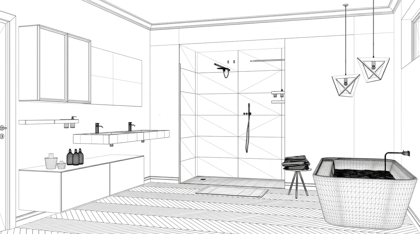 Modern Bathroom Wireframe Floor Plan Sketch Minimalist architectural wireframe sketch of a modern bathroom featuring a freestanding tub, double vanity, and walk-in shower with herringbone flooring.