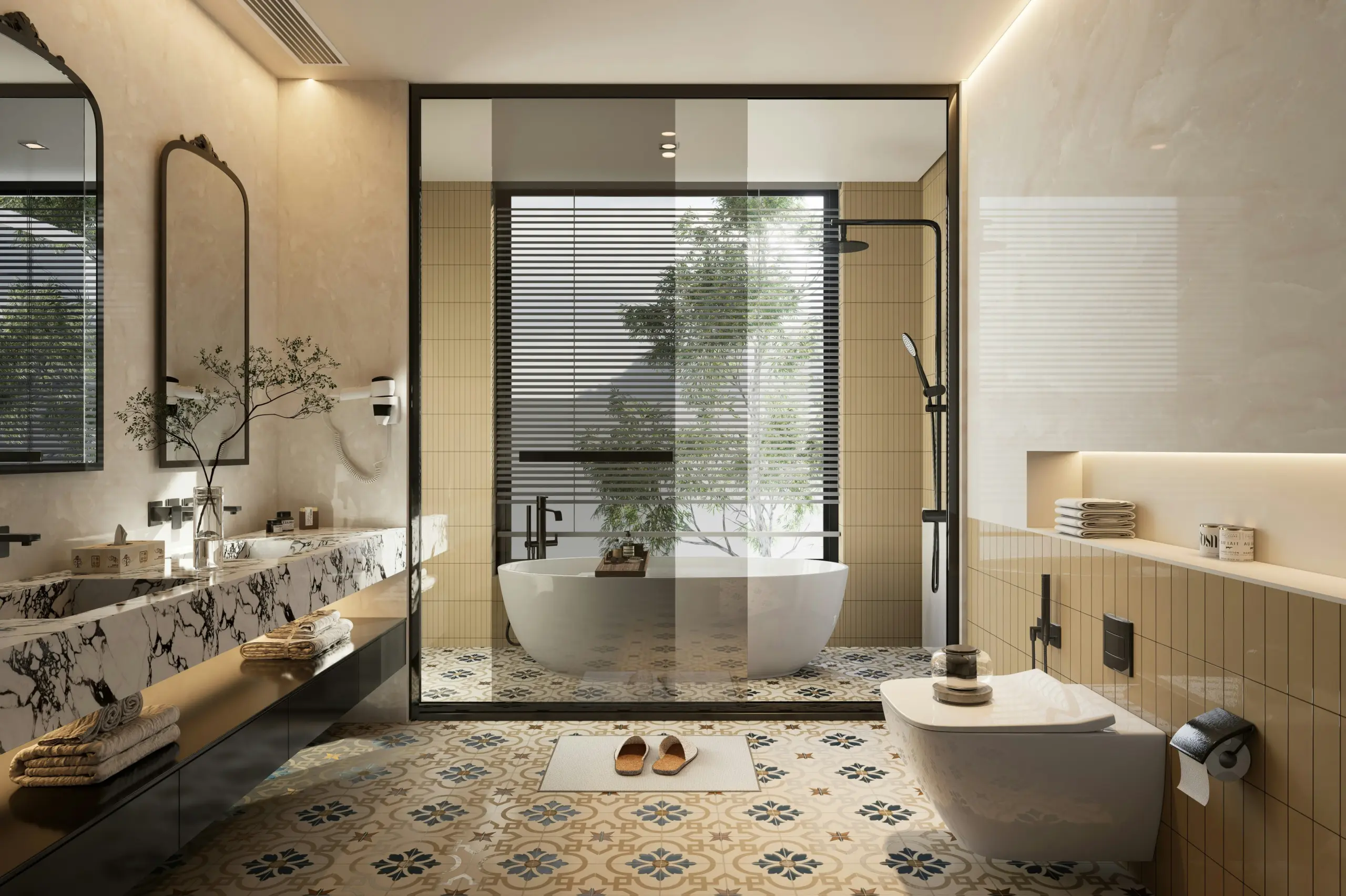 Modern Luxury Bathroom with Freestanding Tub and Patterned Tiles Spa-inspired bathroom with warm marble walls, freestanding white tub behind glass partition, decorative blue-and-beige patterned floor tiles, and double vanity